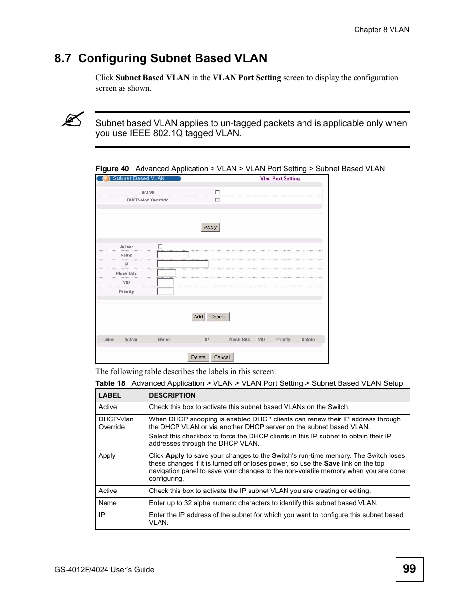 7 configuring subnet based vlan, 99 8.7 configuring subnet based vlan | ZyXEL Communications GS-4012 User Manual | Page 99 / 462