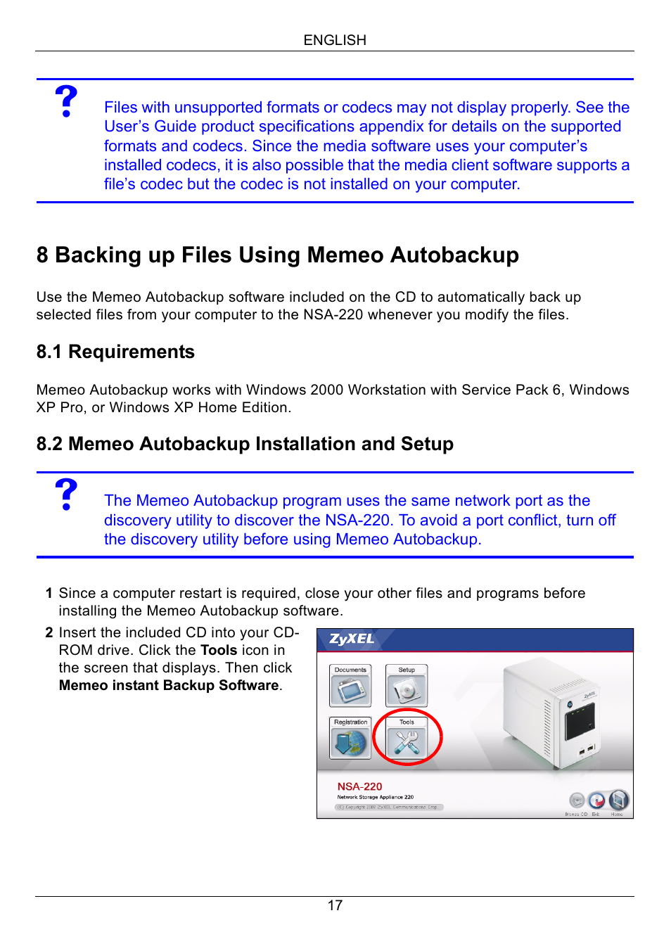 8 backing up files using memeo autobackup | ZyXEL Communications Network Storage Appliance NSA-220 User Manual | Page 17 / 131