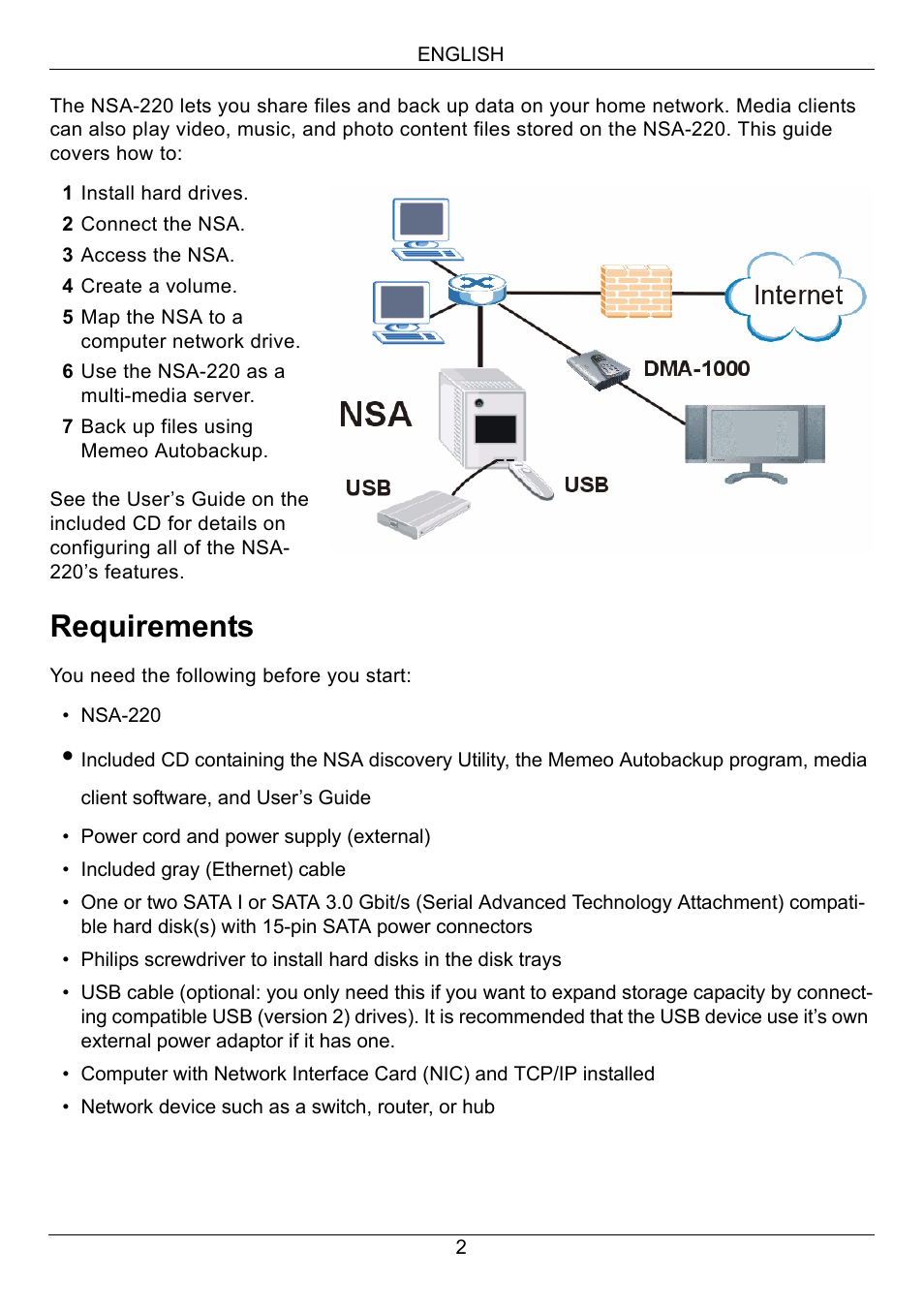 English, Requirements | ZyXEL Communications Network Storage Appliance NSA-220 User Manual | Page 2 / 131