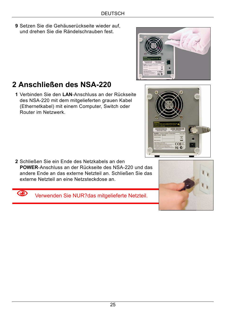 2 anschließen des nsa-220 | ZyXEL Communications Network Storage Appliance NSA-220 User Manual | Page 25 / 131