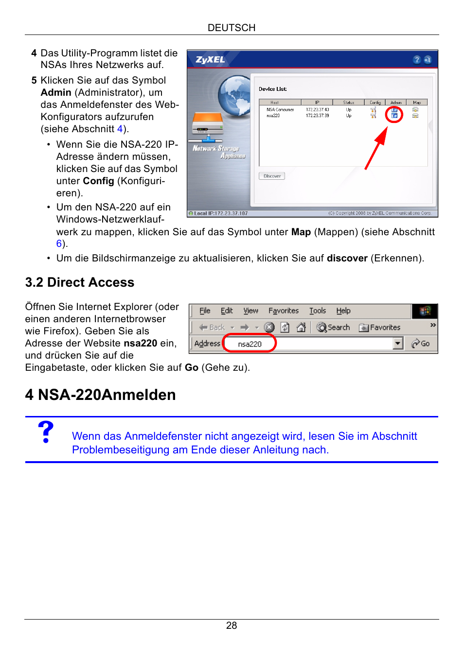 4 nsa-220anmelden, 2 direct access | ZyXEL Communications Network Storage Appliance NSA-220 User Manual | Page 28 / 131