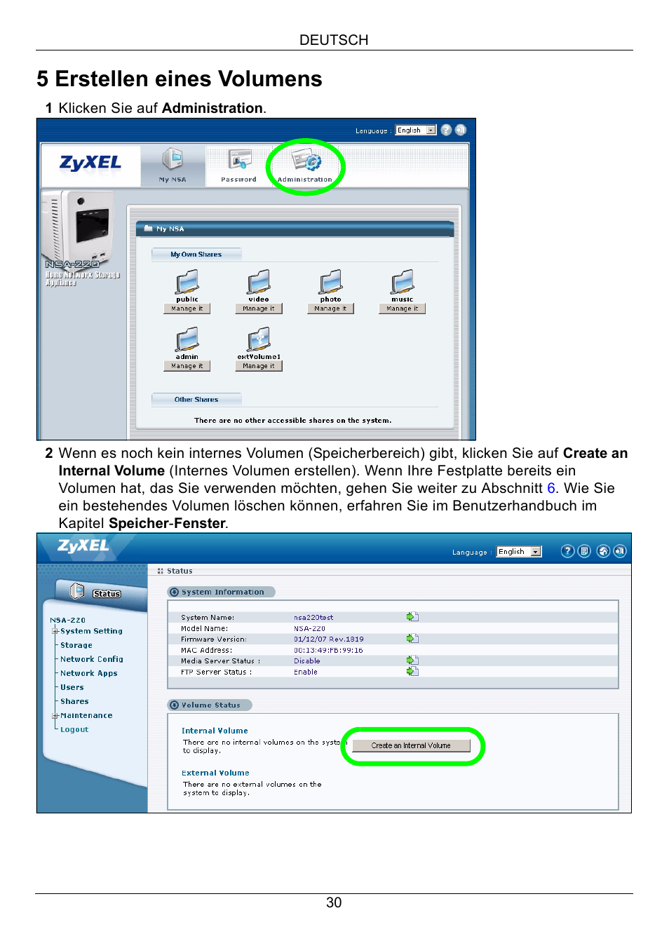 5 erstellen eines volumens | ZyXEL Communications Network Storage Appliance NSA-220 User Manual | Page 30 / 131