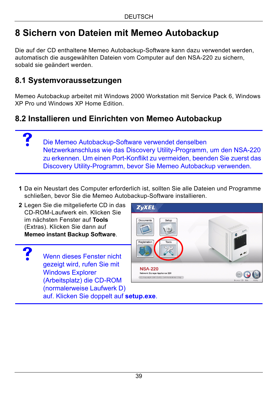 8 sichern von dateien mit memeo autobackup | ZyXEL Communications Network Storage Appliance NSA-220 User Manual | Page 39 / 131