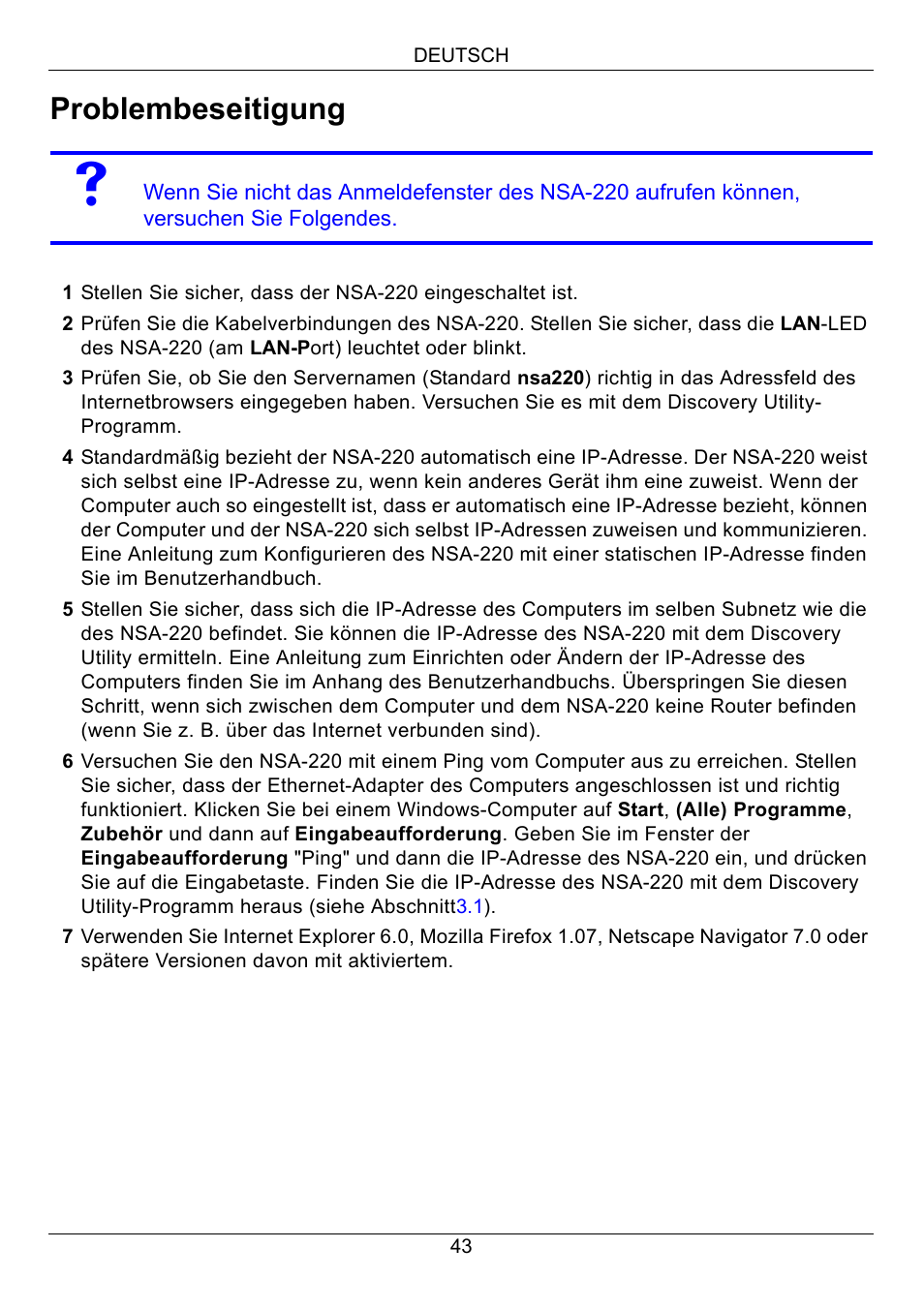 Problembeseitigung | ZyXEL Communications Network Storage Appliance NSA-220 User Manual | Page 43 / 131