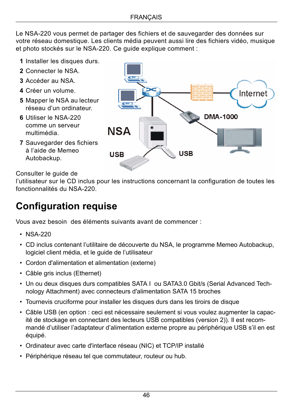 Français, Configuration requise | ZyXEL Communications Network Storage Appliance NSA-220 User Manual | Page 46 / 131