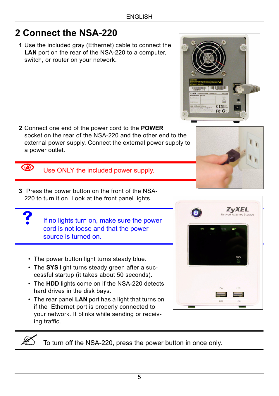 2 connect the nsa-220 | ZyXEL Communications Network Storage Appliance NSA-220 User Manual | Page 5 / 131
