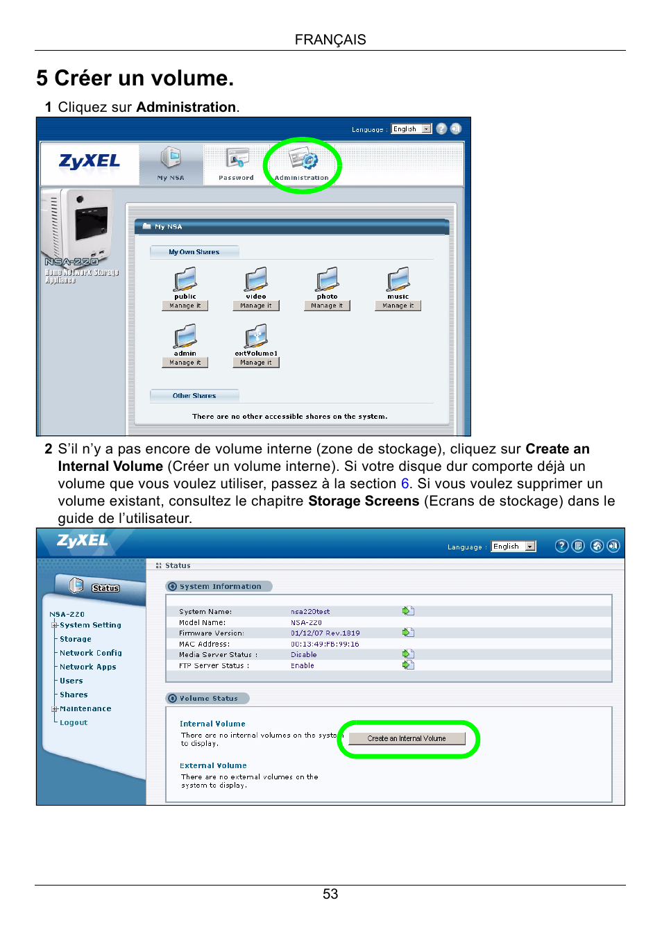 5 créer un volume | ZyXEL Communications Network Storage Appliance NSA-220 User Manual | Page 53 / 131
