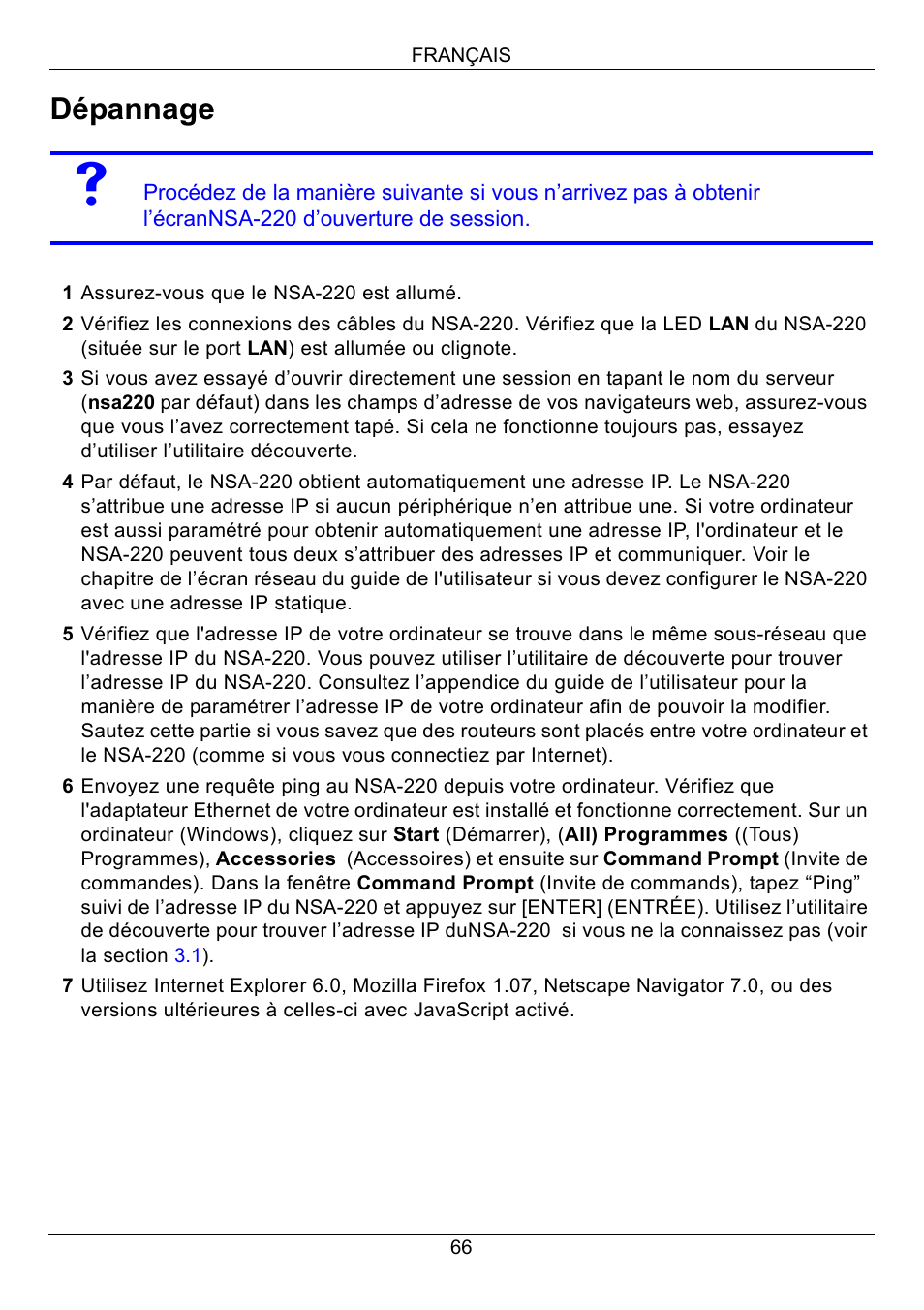 Dépannage | ZyXEL Communications Network Storage Appliance NSA-220 User Manual | Page 66 / 131