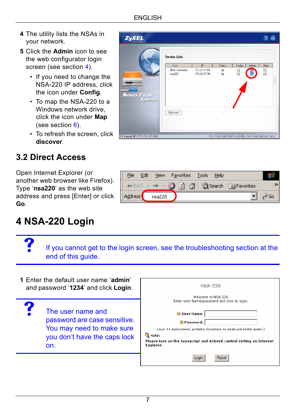 4 nsa-220 login | ZyXEL Communications Network Storage Appliance NSA-220 User Manual | Page 7 / 131