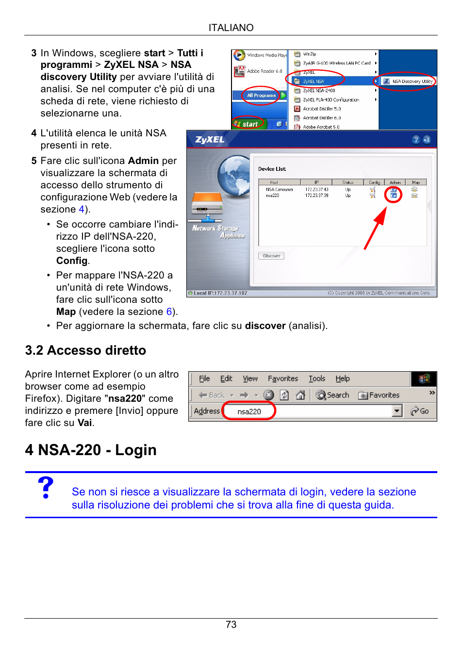 4 nsa-220 - login, 2 accesso diretto | ZyXEL Communications Network Storage Appliance NSA-220 User Manual | Page 73 / 131