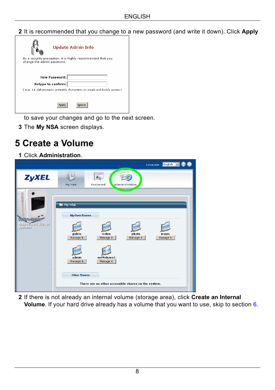 5 create a volume | ZyXEL Communications Network Storage Appliance NSA-220 User Manual | Page 8 / 131
