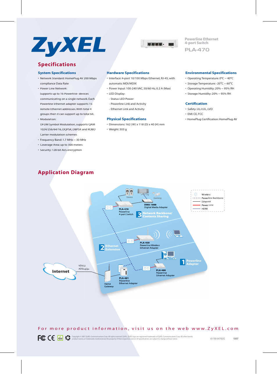 Application diagram, Specifications, Pla-470 | Internet | ZyXEL Communications PLA-470 User Manual | Page 2 / 2