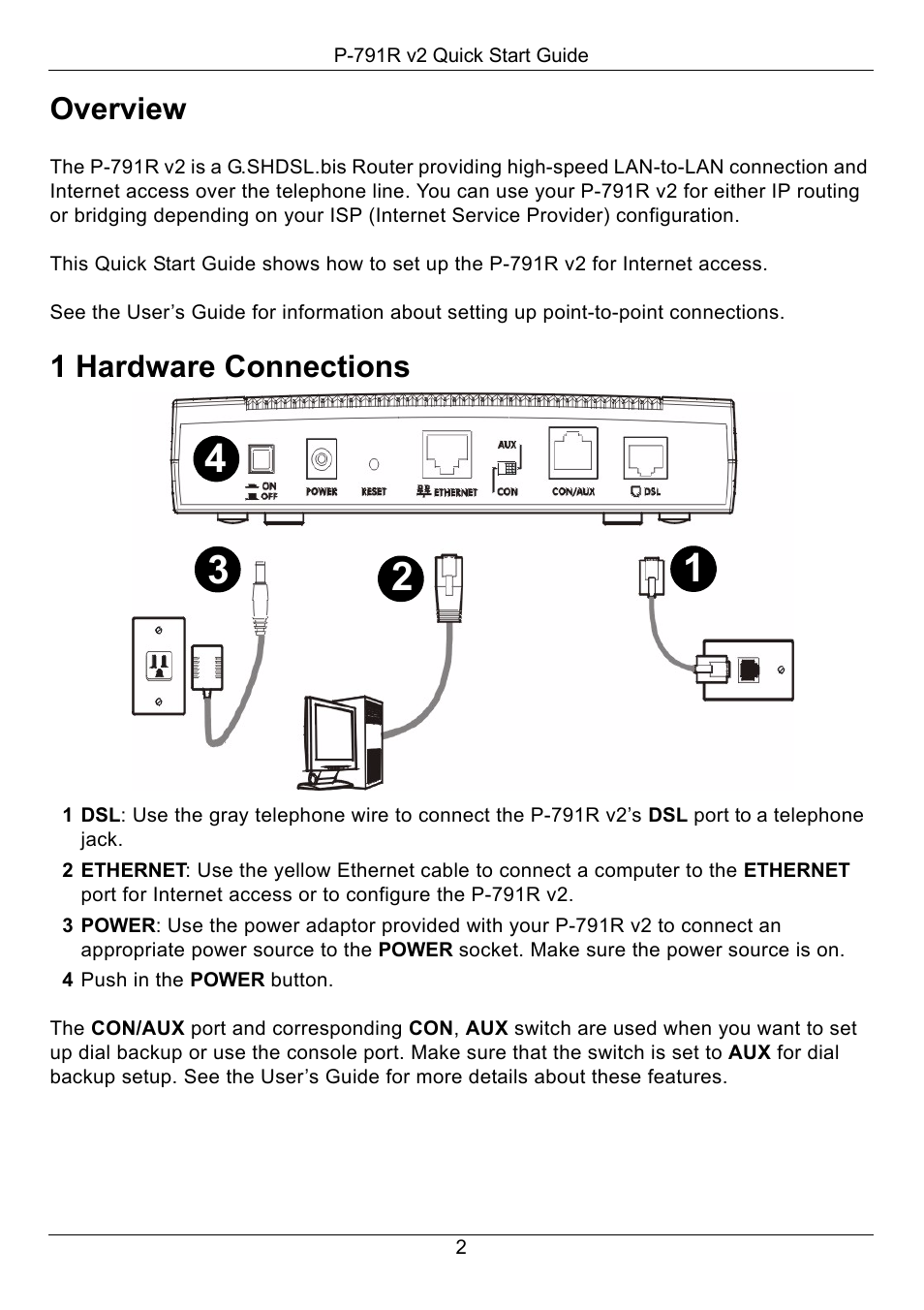 Overview, 1 hardware connections | ZyXEL Communications G.SHDSL.bis Router P-791R v2 User Manual | Page 2 / 8