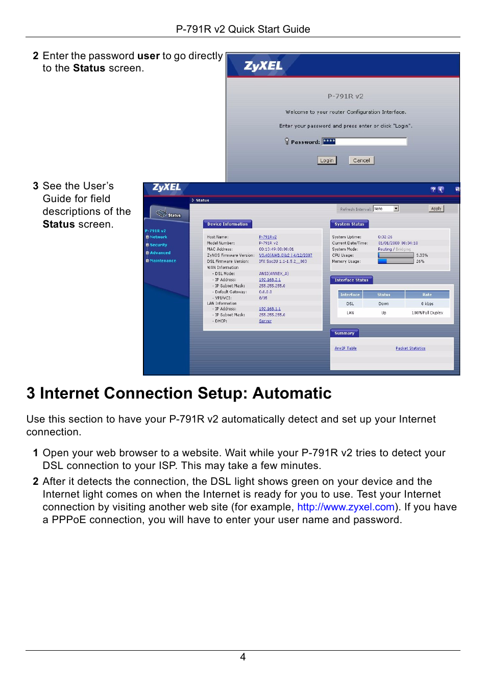 3 internet connection setup: automatic | ZyXEL Communications G.SHDSL.bis Router P-791R v2 User Manual | Page 4 / 8