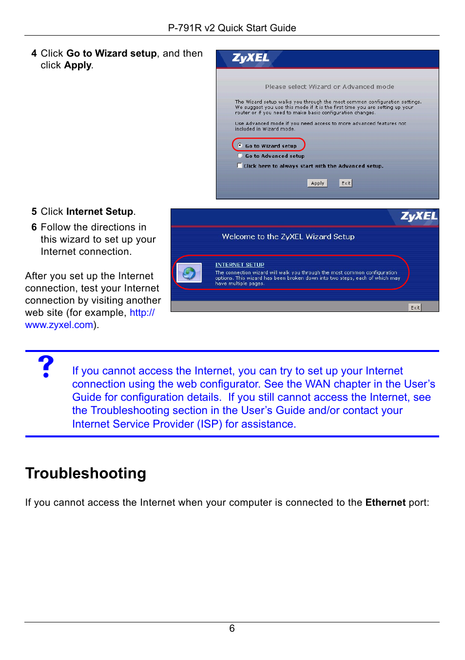 Troubleshooting | ZyXEL Communications G.SHDSL.bis Router P-791R v2 User Manual | Page 6 / 8