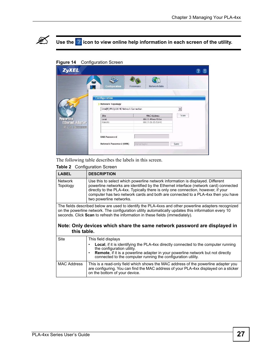 Figure 14 configuration screen, Table 2 configuration screen | ZyXEL Communications PLA-400 User Manual | Page 27 / 66