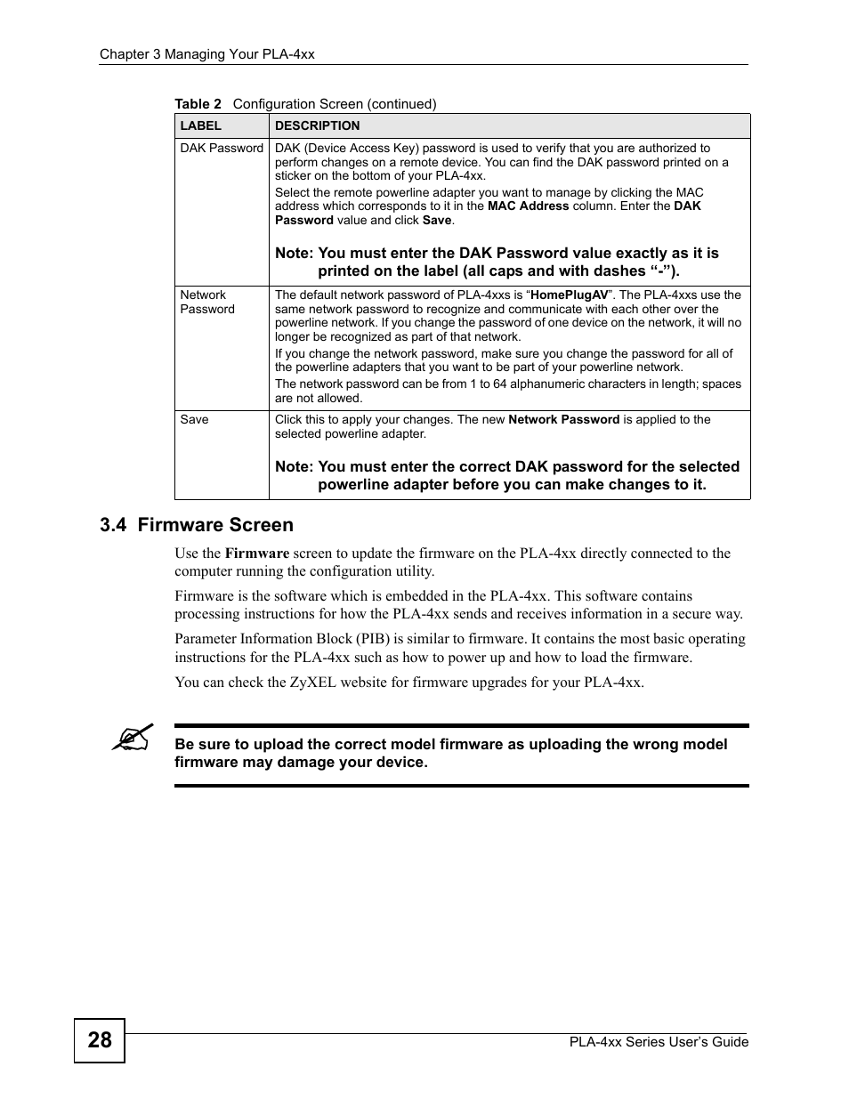 4 firmware screen | ZyXEL Communications PLA-400 User Manual | Page 28 / 66