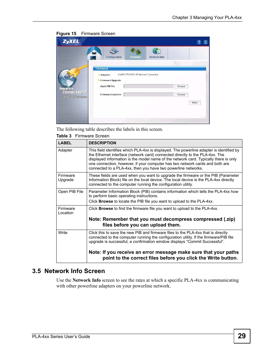 5 network info screen, Figure 15 firmware screen, Table 3 firmware screen | ZyXEL Communications PLA-400 User Manual | Page 29 / 66