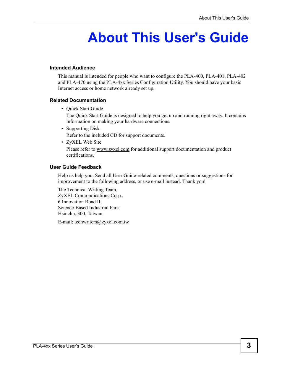 About this user's guide | ZyXEL Communications PLA-400 User Manual | Page 3 / 66