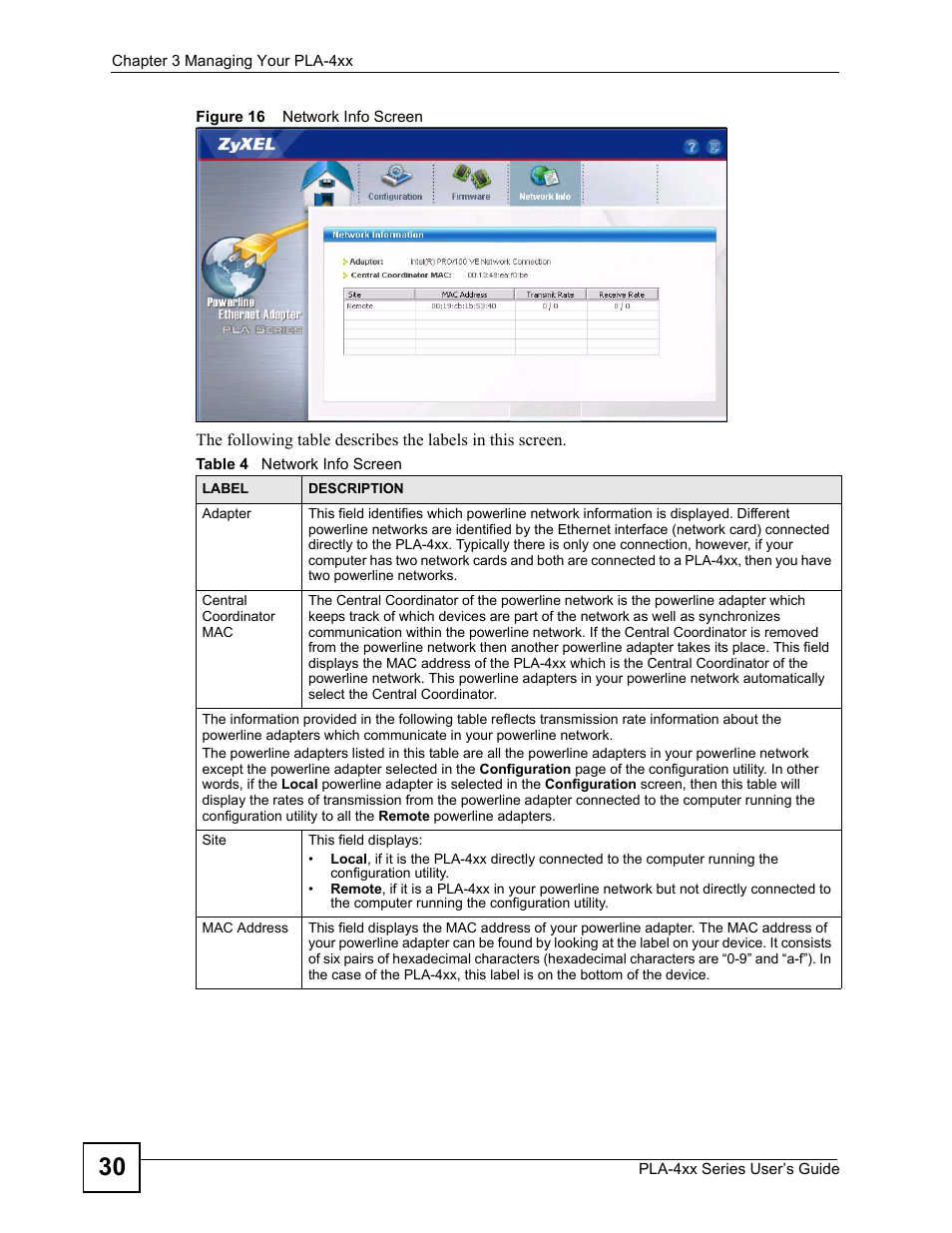 Figure 16 network info screen, Table 4 network info screen | ZyXEL Communications PLA-400 User Manual | Page 30 / 66
