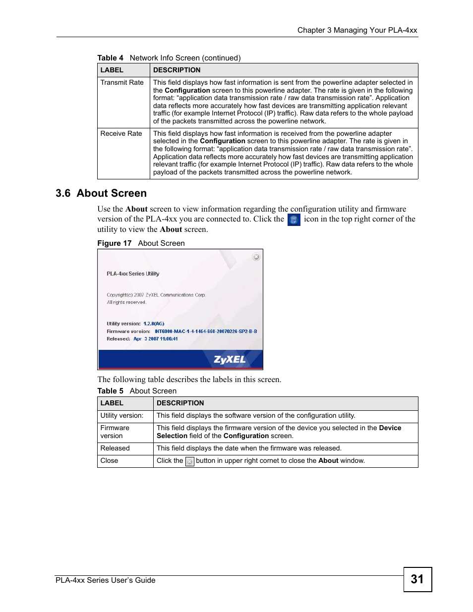 6 about screen, Figure 17 about screen, Table 5 about screen | ZyXEL Communications PLA-400 User Manual | Page 31 / 66