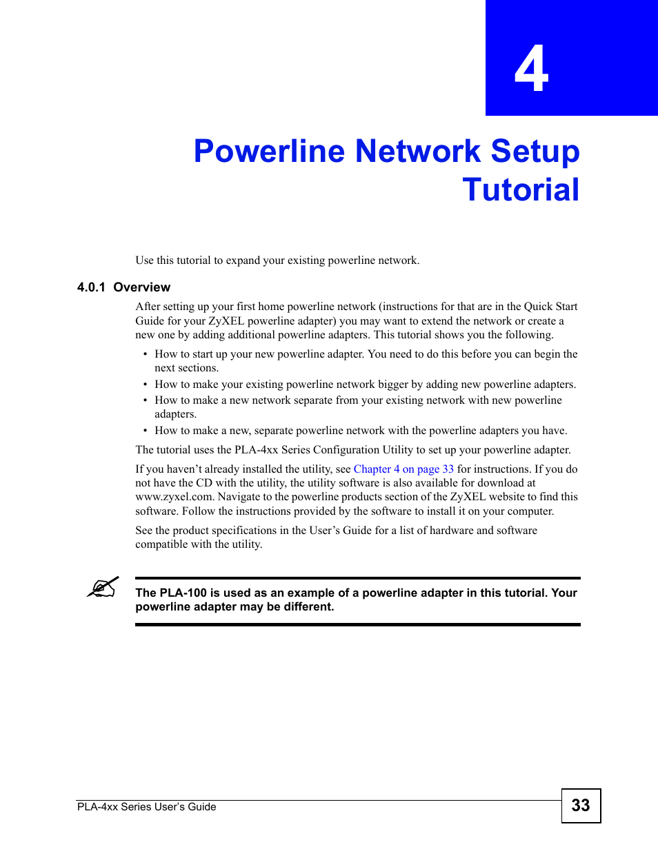 Powerline network setup tutorial, 1 overview, Chapter 4 powerline network setup tutorial | Powerline network setup tutorial (33) | ZyXEL Communications PLA-400 User Manual | Page 33 / 66