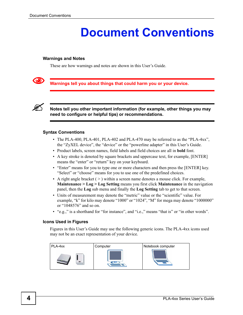 Document conventions | ZyXEL Communications PLA-400 User Manual | Page 4 / 66