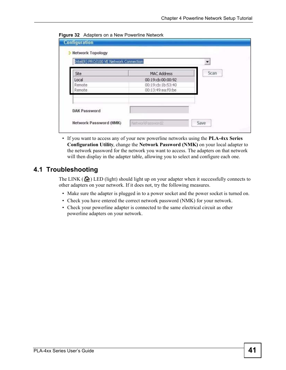 1 troubleshooting, Figure 32 adapters on a new powerline network | ZyXEL Communications PLA-400 User Manual | Page 41 / 66