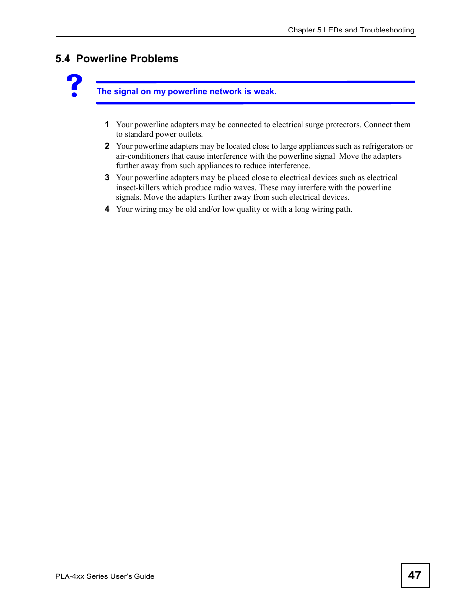 4 powerline problems | ZyXEL Communications PLA-400 User Manual | Page 47 / 66