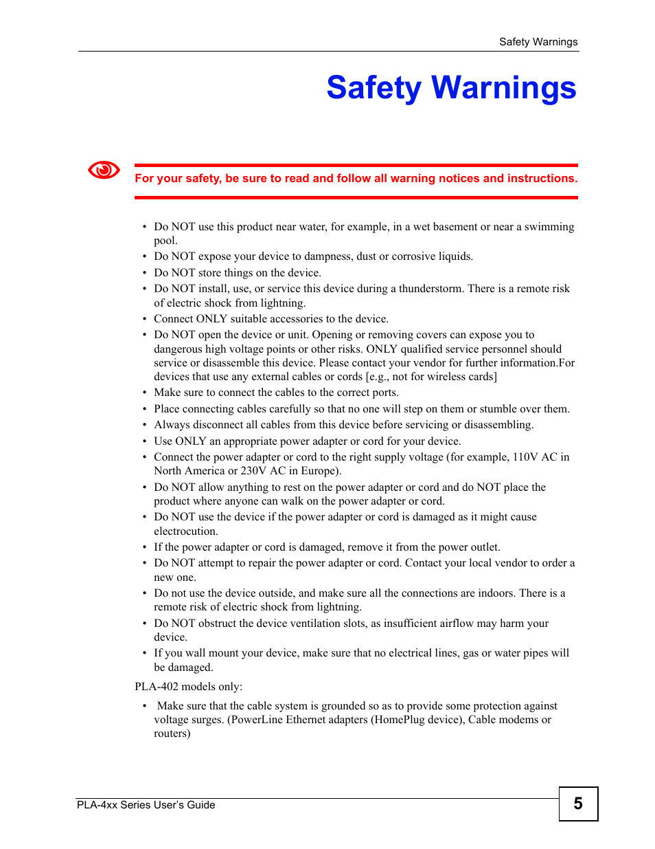 Safety warnings | ZyXEL Communications PLA-400 User Manual | Page 5 / 66