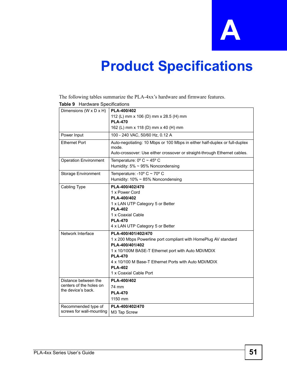 Product specifications, Appendix a product specifications, Table 9 hardware specifications | For speeds currently supported, Appendix a on, Product specifications (51) | ZyXEL Communications PLA-400 User Manual | Page 51 / 66