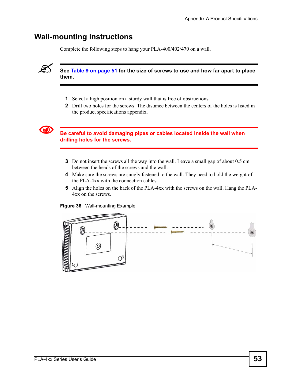 Figure 36 wall-mounting example | ZyXEL Communications PLA-400 User Manual | Page 53 / 66