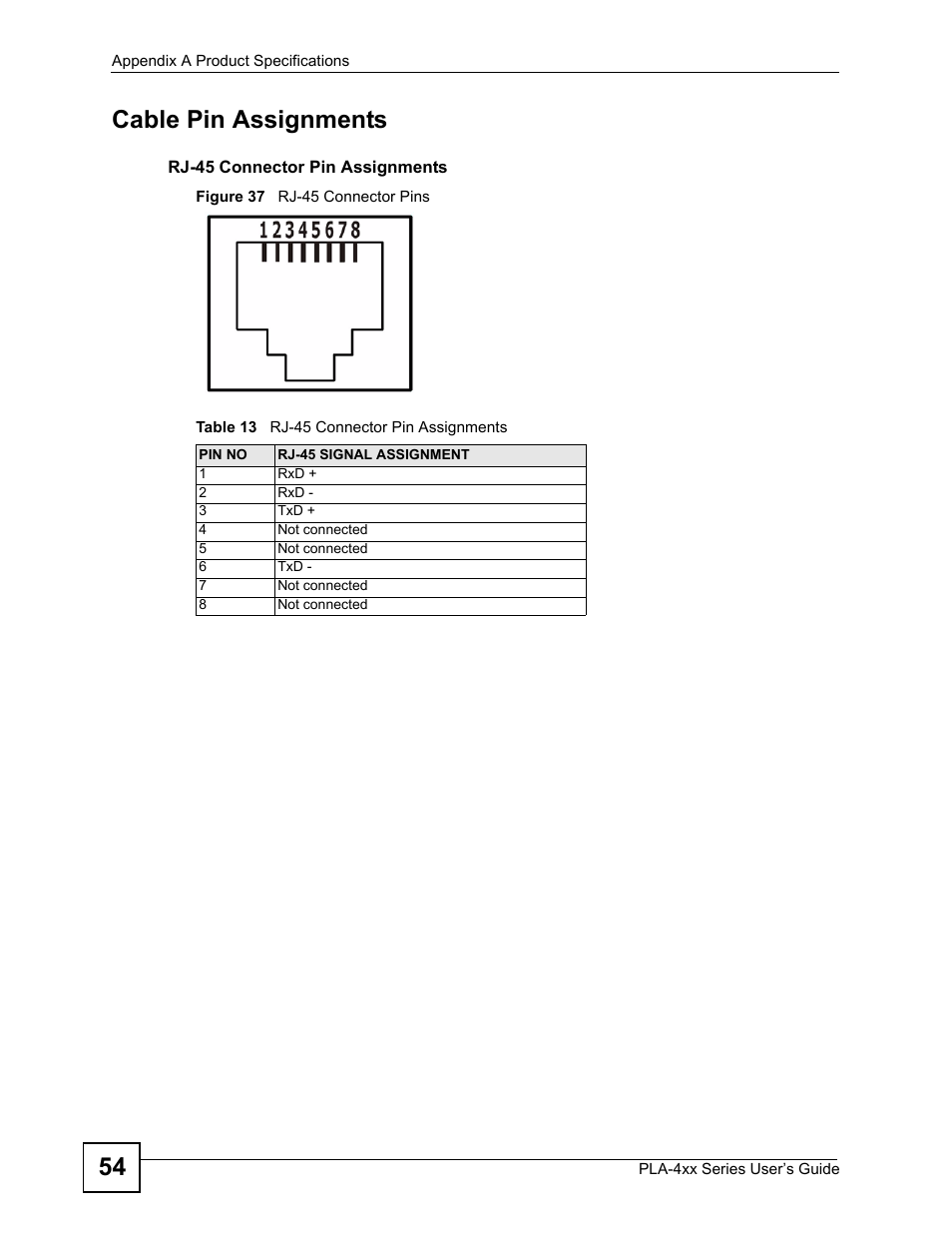 Figure 37 rj-45 connector pins, Table 13 rj-45 connector pin assignments, 54 cable pin assignments | ZyXEL Communications PLA-400 User Manual | Page 54 / 66