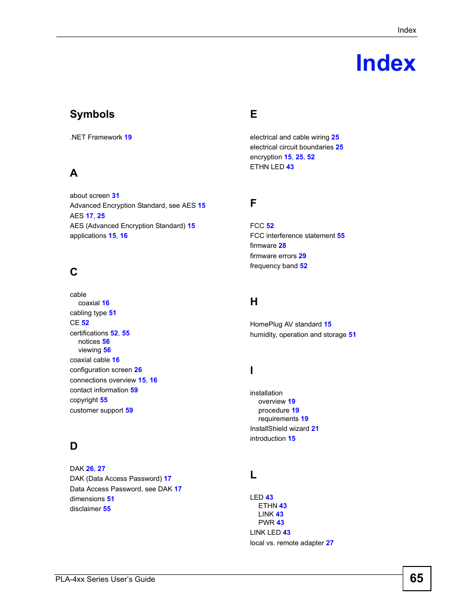 Index, Index (65), Symbols | ZyXEL Communications PLA-400 User Manual | Page 65 / 66