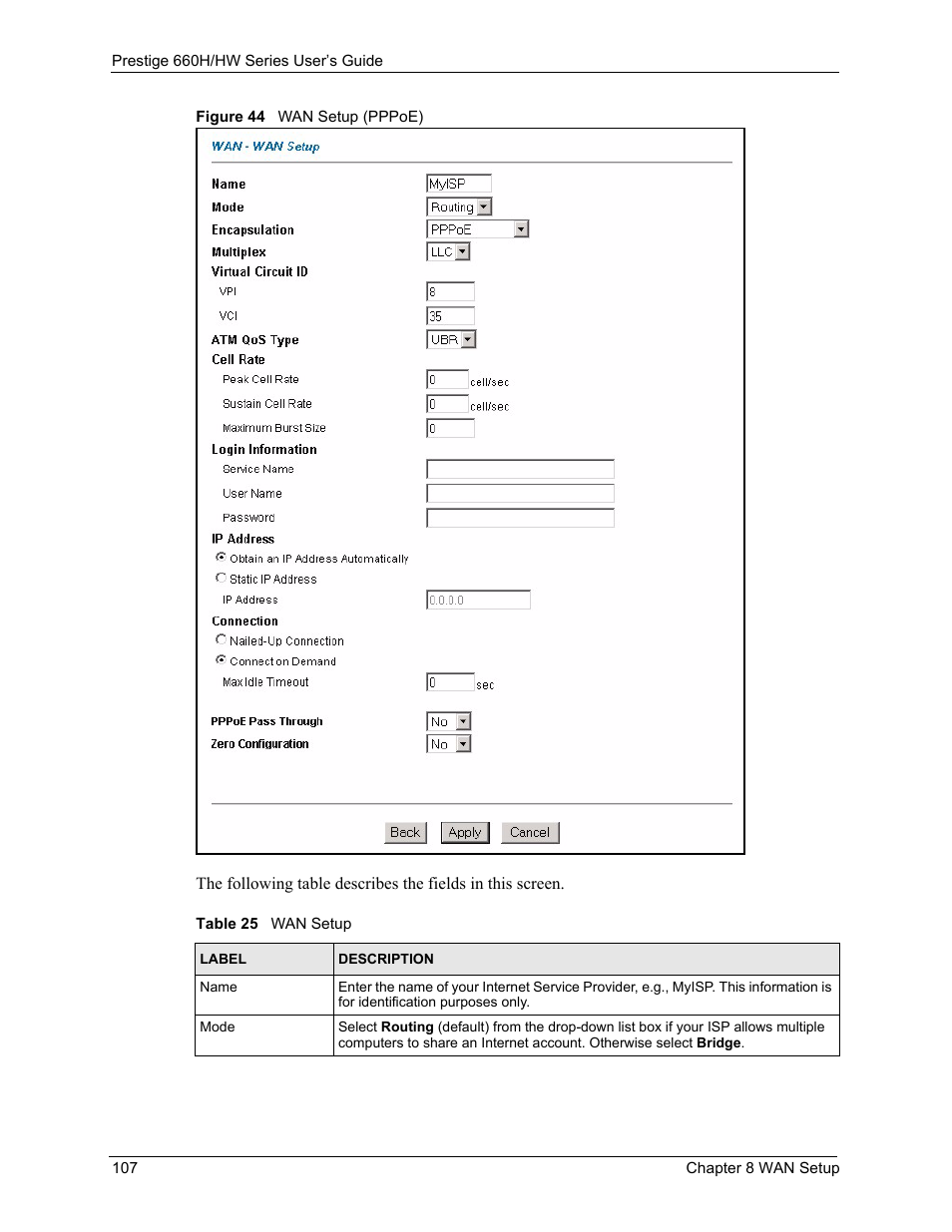 Figure 44 wan setup (pppoe), Table 25 wan setup | ZyXEL Communications 660HW Series User Manual | Page 108 / 460