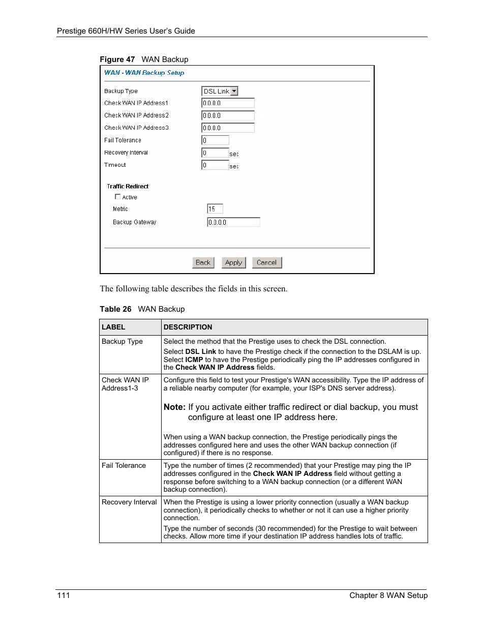 Figure 47 wan backup, Table 26 wan backup | ZyXEL Communications 660HW Series User Manual | Page 112 / 460
