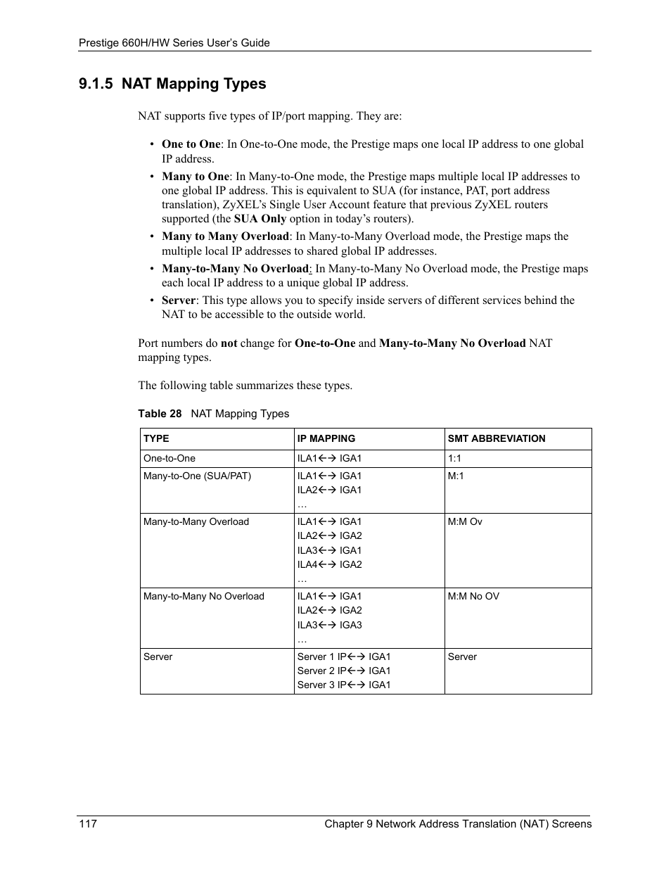 5 nat mapping types, Table 28 nat mapping types | ZyXEL Communications 660HW Series User Manual | Page 118 / 460