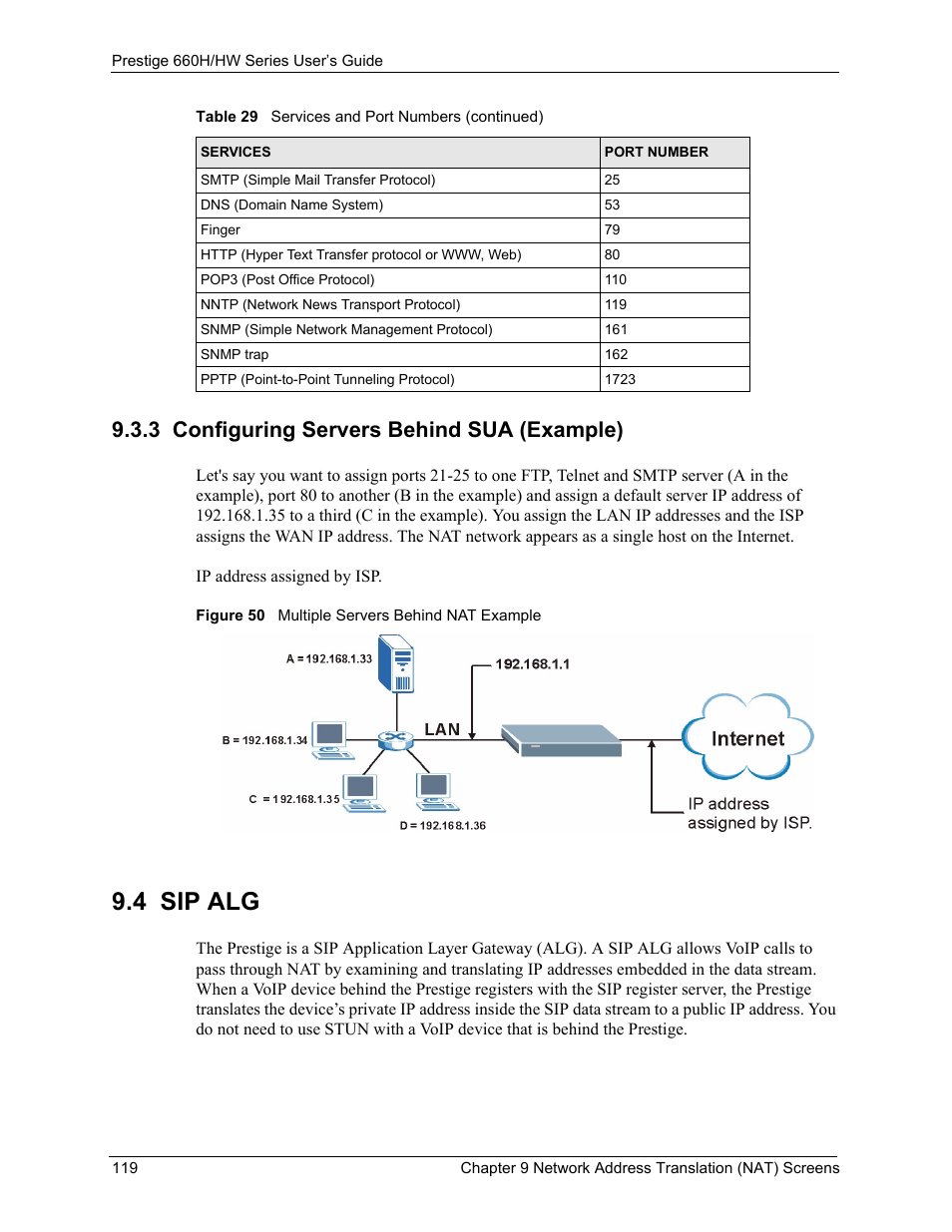 3 configuring servers behind sua (example), 4 sip alg, Figure 50 multiple servers behind nat example | ZyXEL Communications 660HW Series User Manual | Page 120 / 460