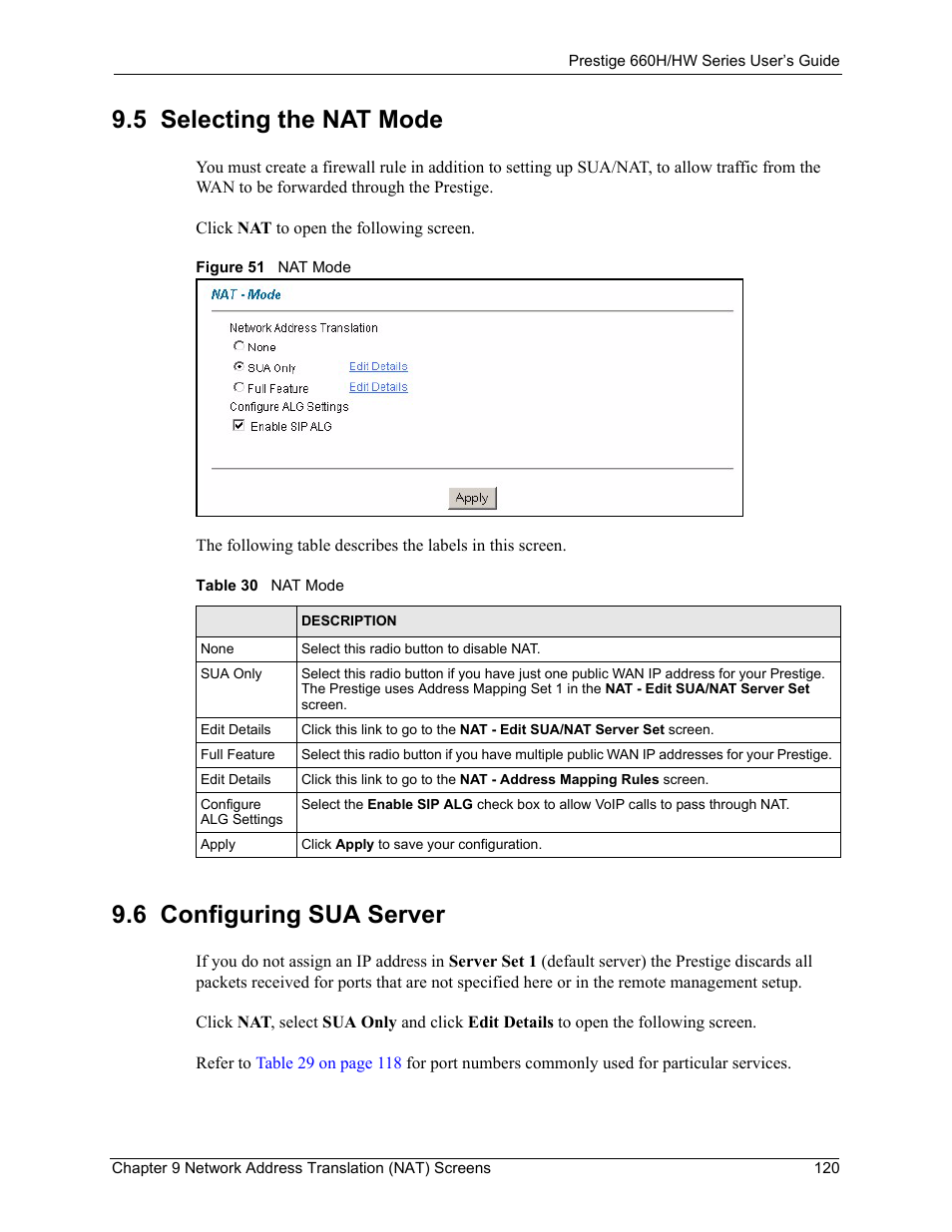 5 selecting the nat mode, 6 configuring sua server, Figure 51 nat mode | Table 30 nat mode | ZyXEL Communications 660HW Series User Manual | Page 121 / 460