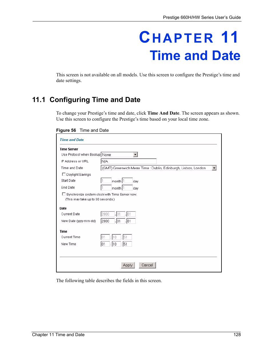 Time and date, 1 configuring time and date, Chapter 11 time and date | Figure 56 time and date | ZyXEL Communications 660HW Series User Manual | Page 129 / 460
