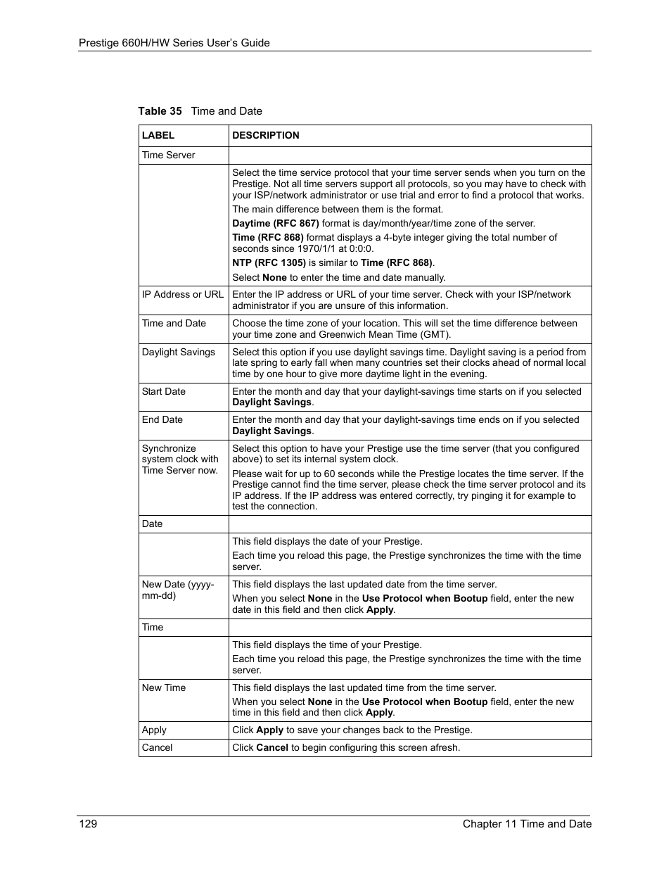 Table 35 time and date | ZyXEL Communications 660HW Series User Manual | Page 130 / 460