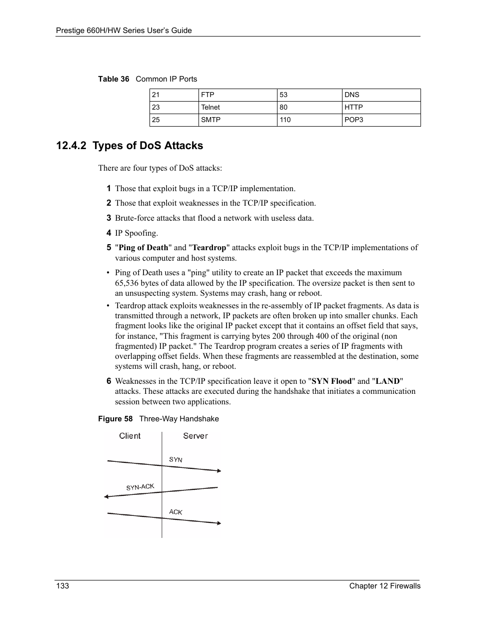 2 types of dos attacks, Figure 58 three-way handshake, Table 36 common ip ports | ZyXEL Communications 660HW Series User Manual | Page 134 / 460