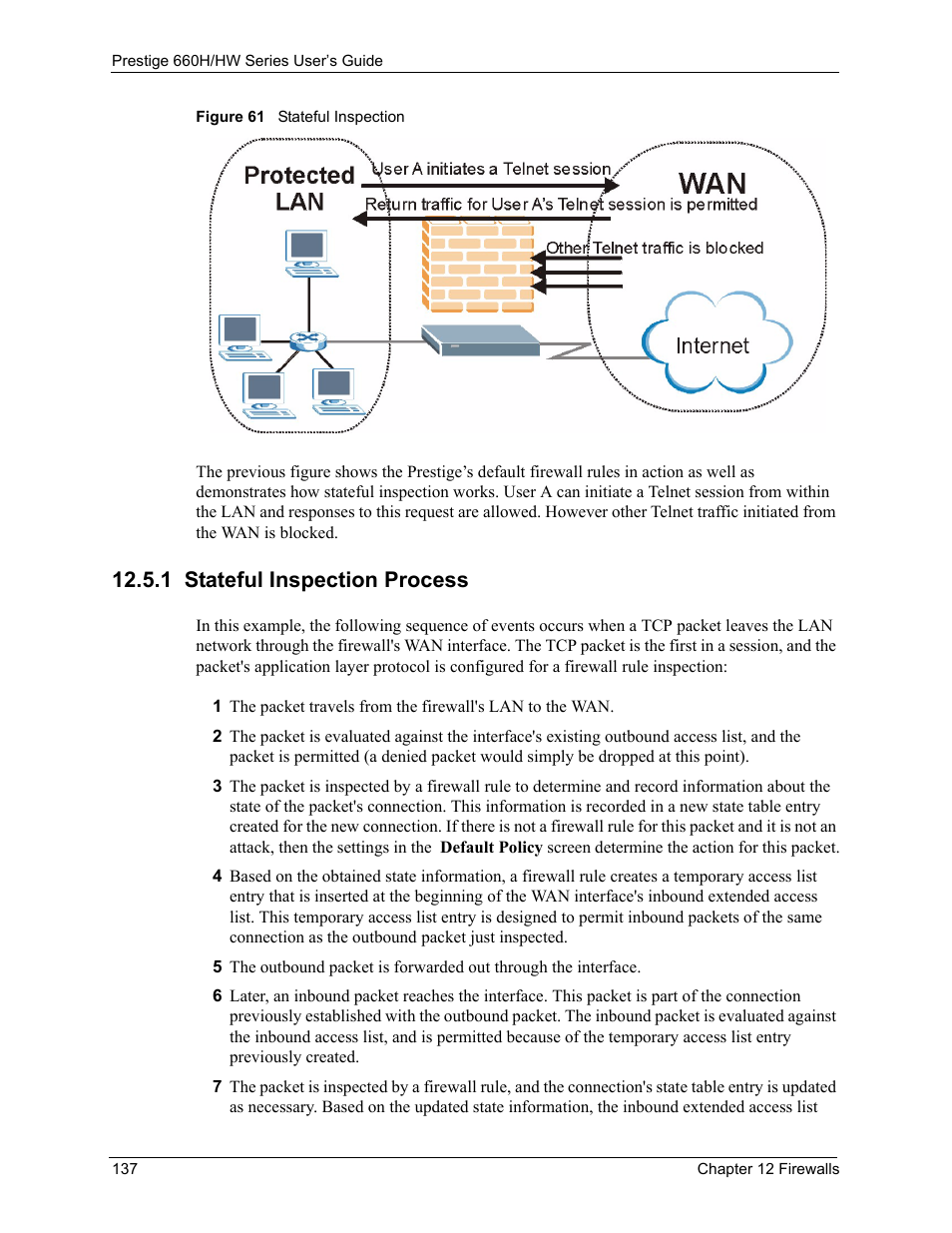 1 stateful inspection process, Figure 61 stateful inspection | ZyXEL Communications 660HW Series User Manual | Page 138 / 460