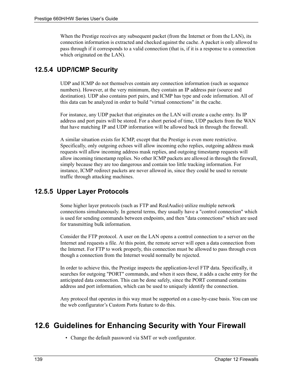 4 udp/icmp security, 5 upper layer protocols, 4 udp/icmp security 12.5.5 upper layer protocols | ZyXEL Communications 660HW Series User Manual | Page 140 / 460