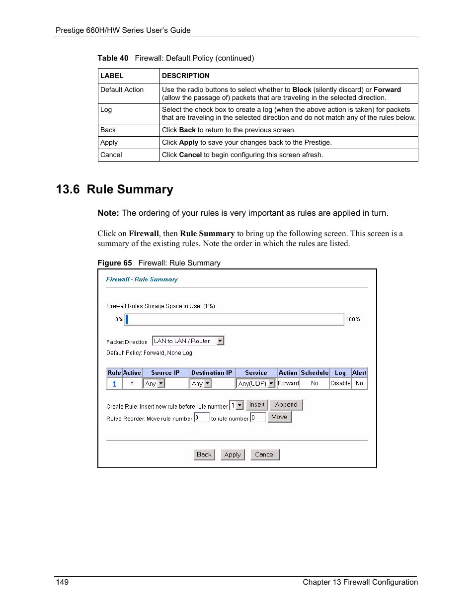 6 rule summary, Figure 65 firewall: rule summary | ZyXEL Communications 660HW Series User Manual | Page 150 / 460