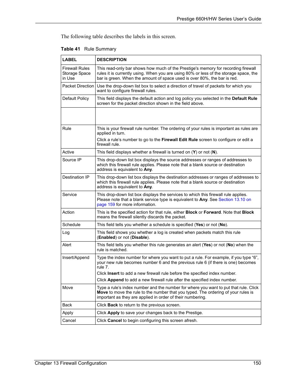 Table 41 rule summary | ZyXEL Communications 660HW Series User Manual | Page 151 / 460