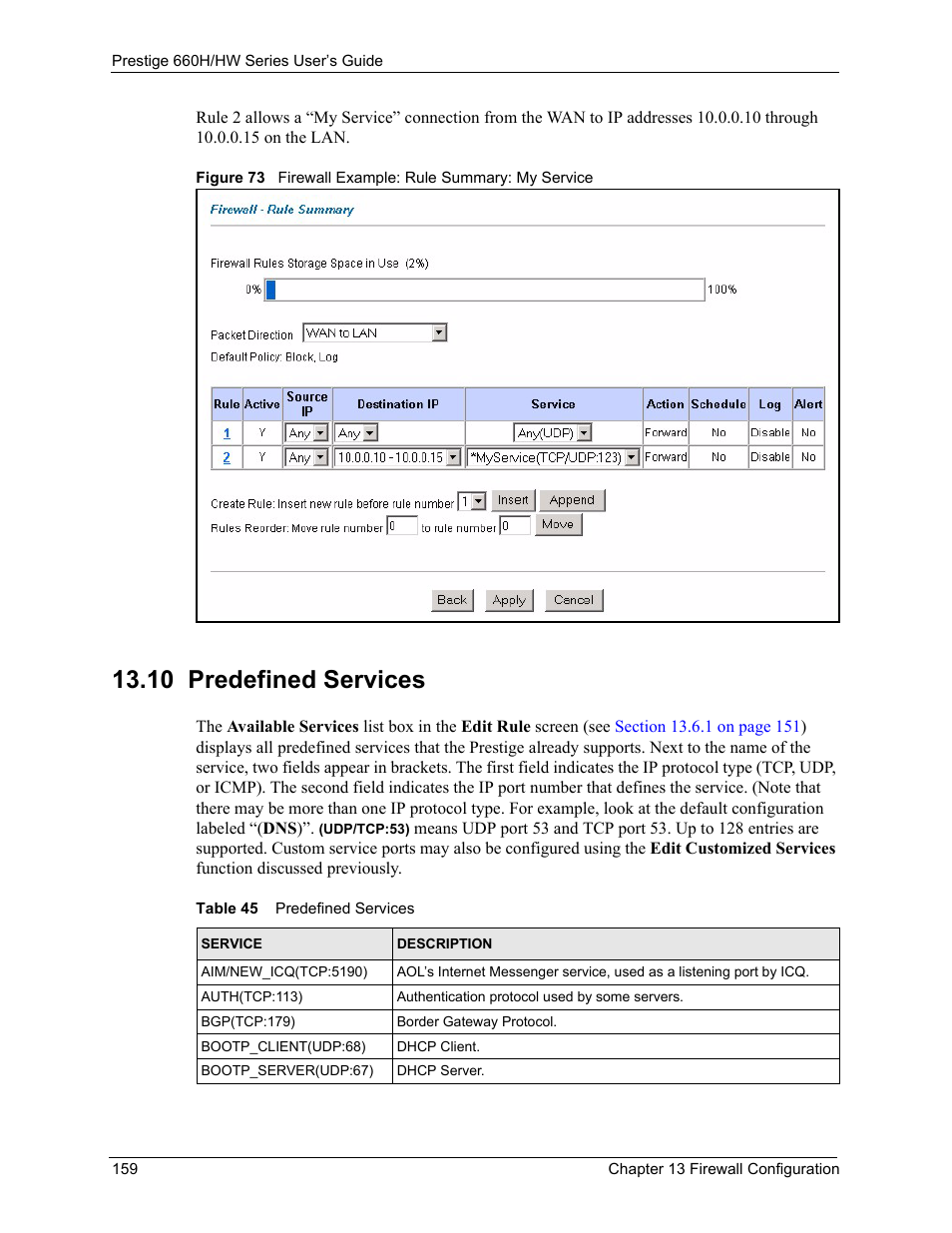 10 predefined services, Table 45 predefined services | ZyXEL Communications 660HW Series User Manual | Page 160 / 460