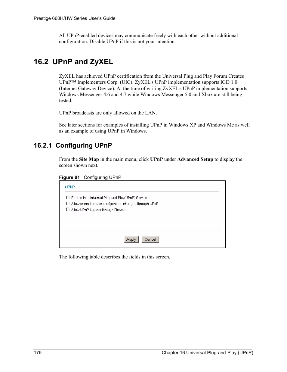 2 upnp and zyxel, 1 configuring upnp, Figure 81 configuring upnp | ZyXEL Communications 660HW Series User Manual | Page 176 / 460