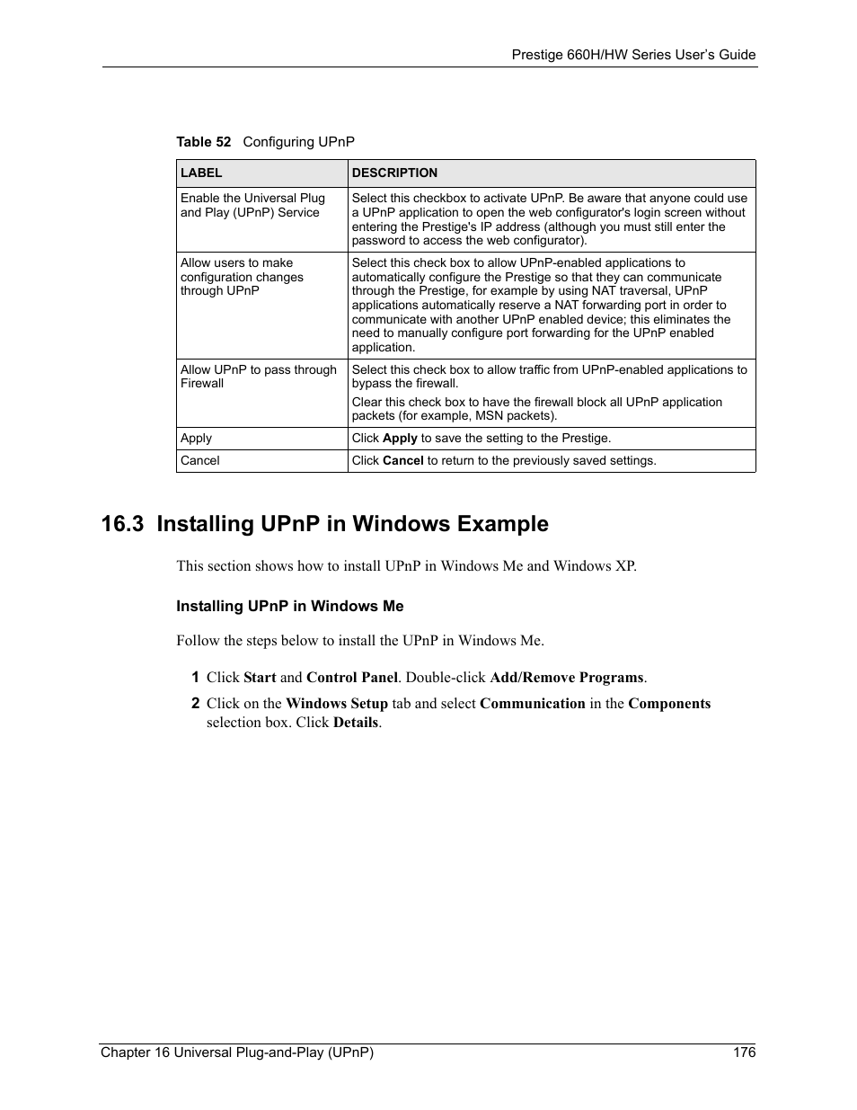 3 installing upnp in windows example, Table 52 configuring upnp | ZyXEL Communications 660HW Series User Manual | Page 177 / 460