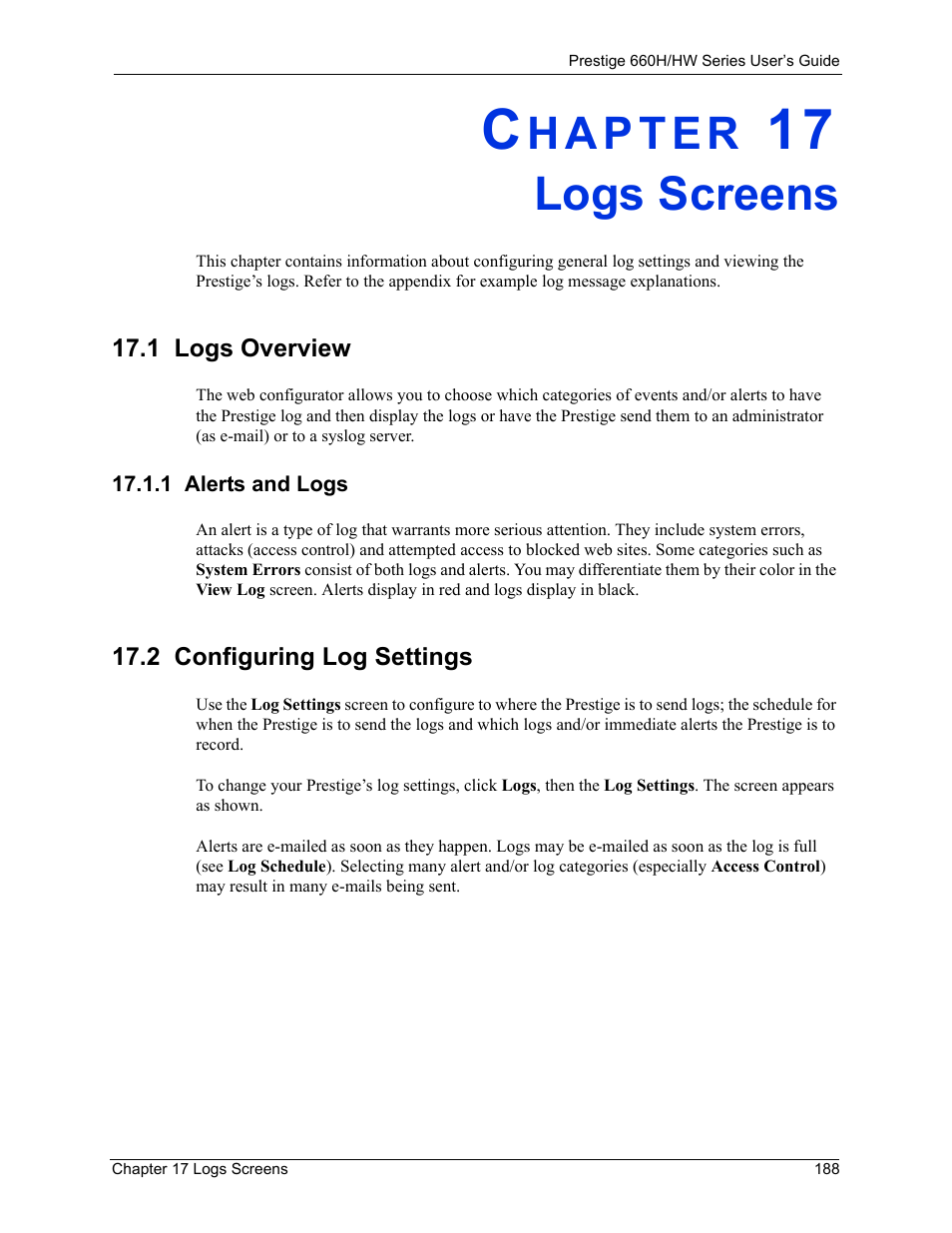 Logs screens, 1 logs overview, 1 alerts and logs | 2 configuring log settings, Chapter 17 logs screens | ZyXEL Communications 660HW Series User Manual | Page 189 / 460